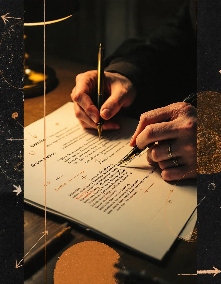 Hands holding a brass fountain pen over a grant draft covered in copper red-pen marks