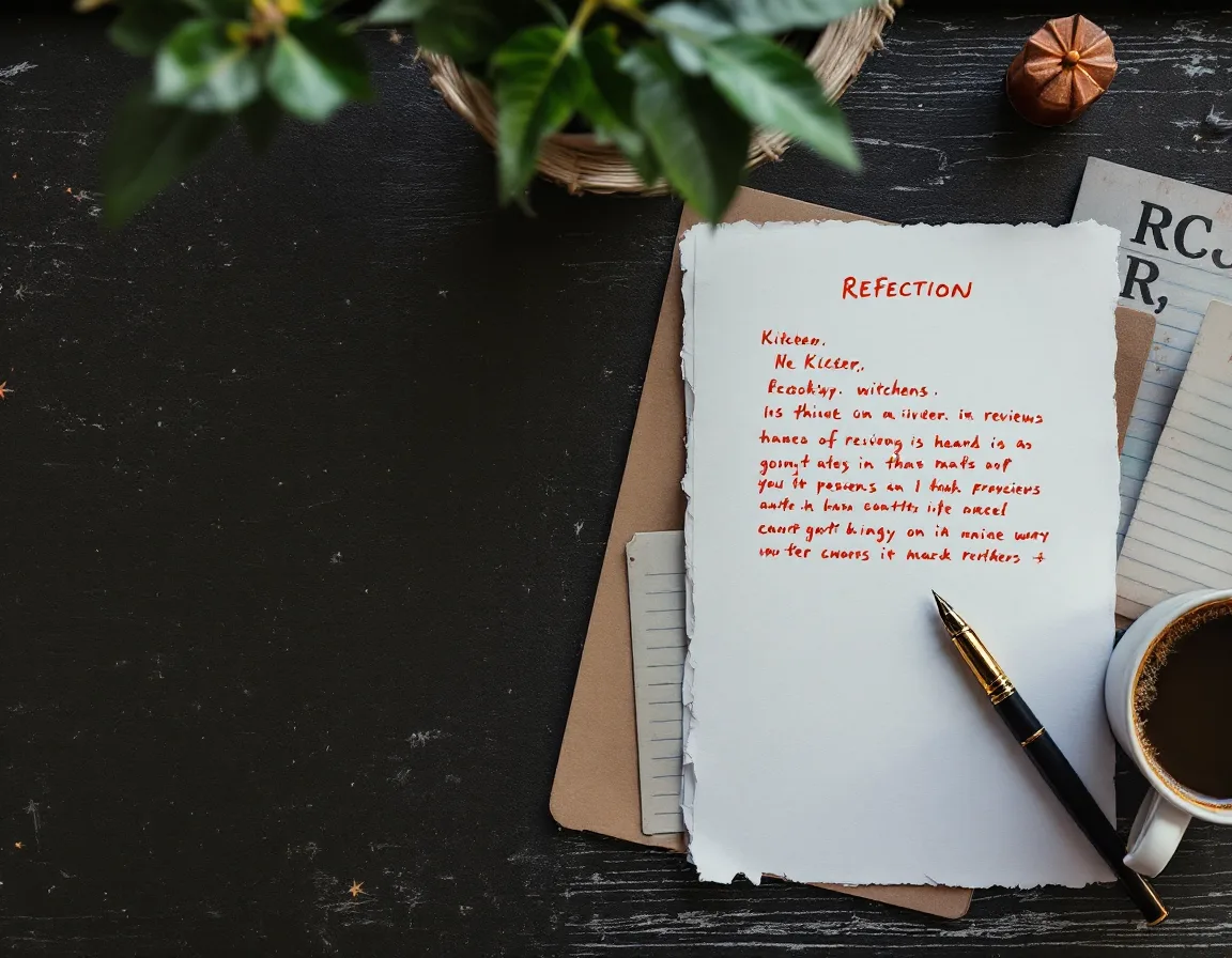 A kitchen table with a rejection letter, index cards and a fountain pen under lamplight