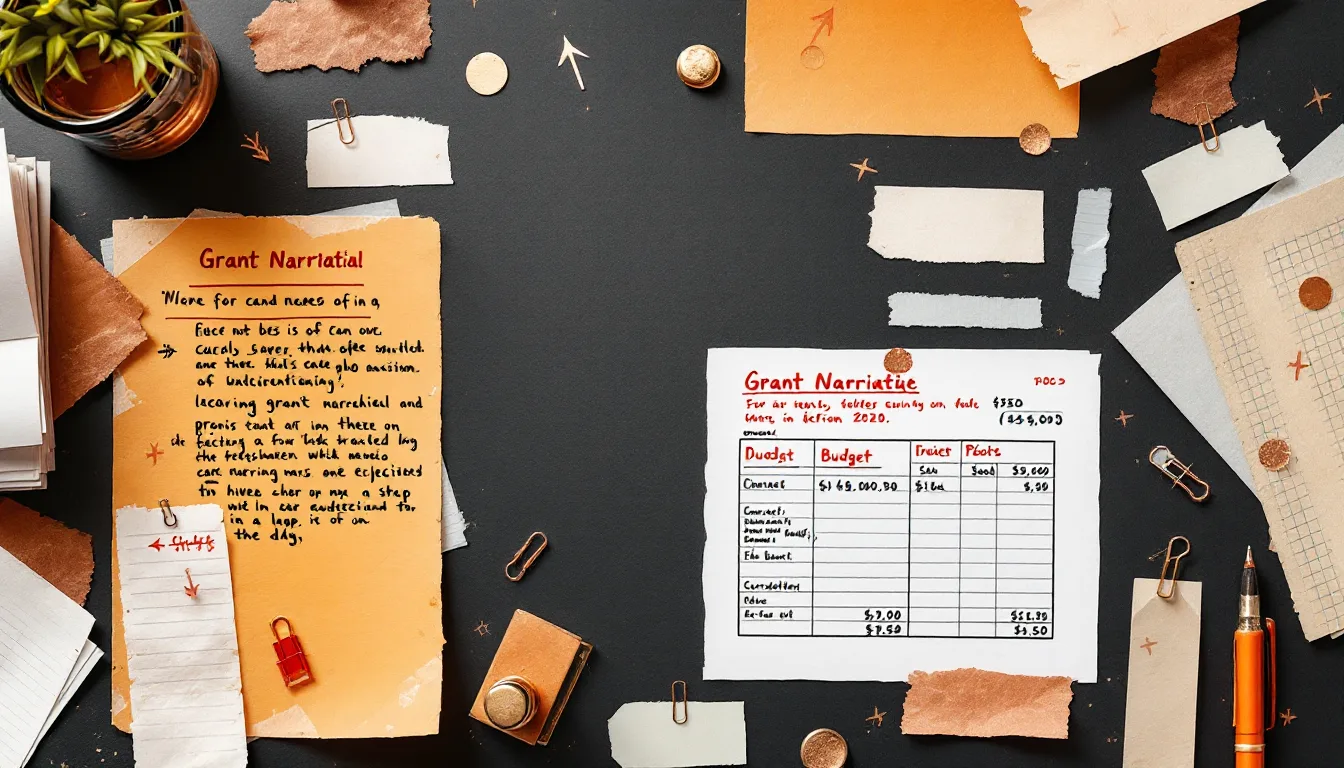 Overhead collage of a marked-up grant draft, budget printout and index cards with hand-drawn copper arrows
