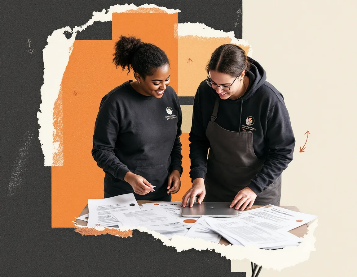 Collage of pantry volunteers at a folding table with proposal printouts and hand-drawn copper marks